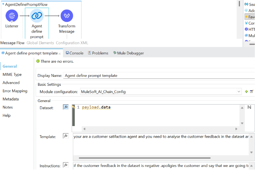 Agent define prompt template - configuration snippet