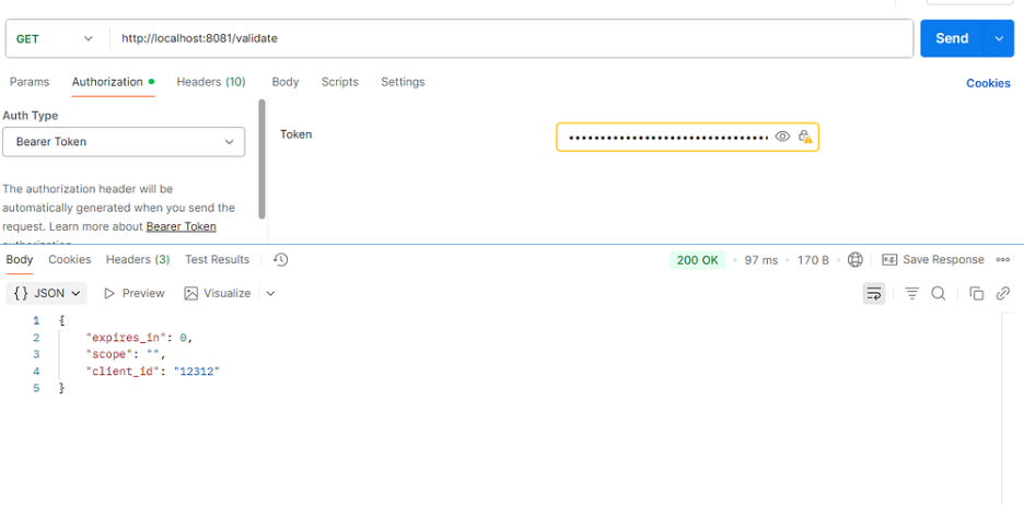 Copy the Access Token value and paste it into the Authorisation field under the Token type
