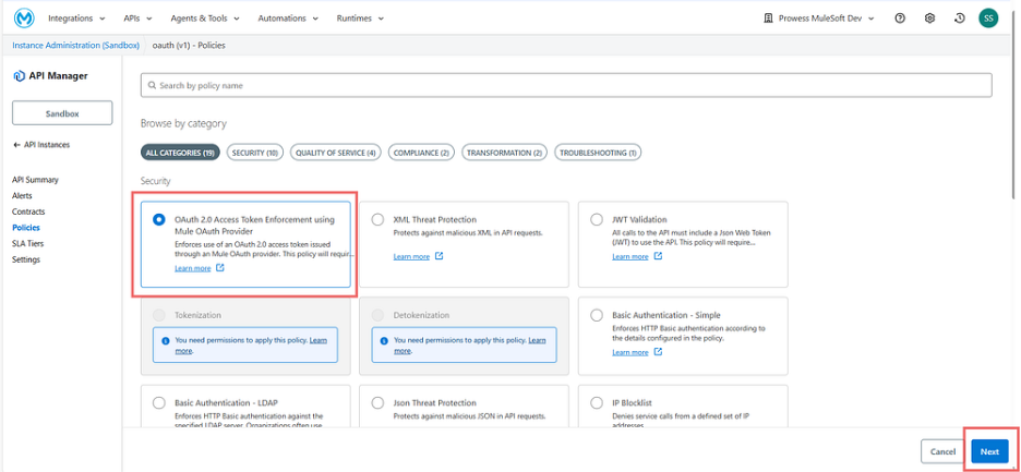 Click Add Policy, then search for OAuth 2.0 Access Token Enforcement Policy and click on Next