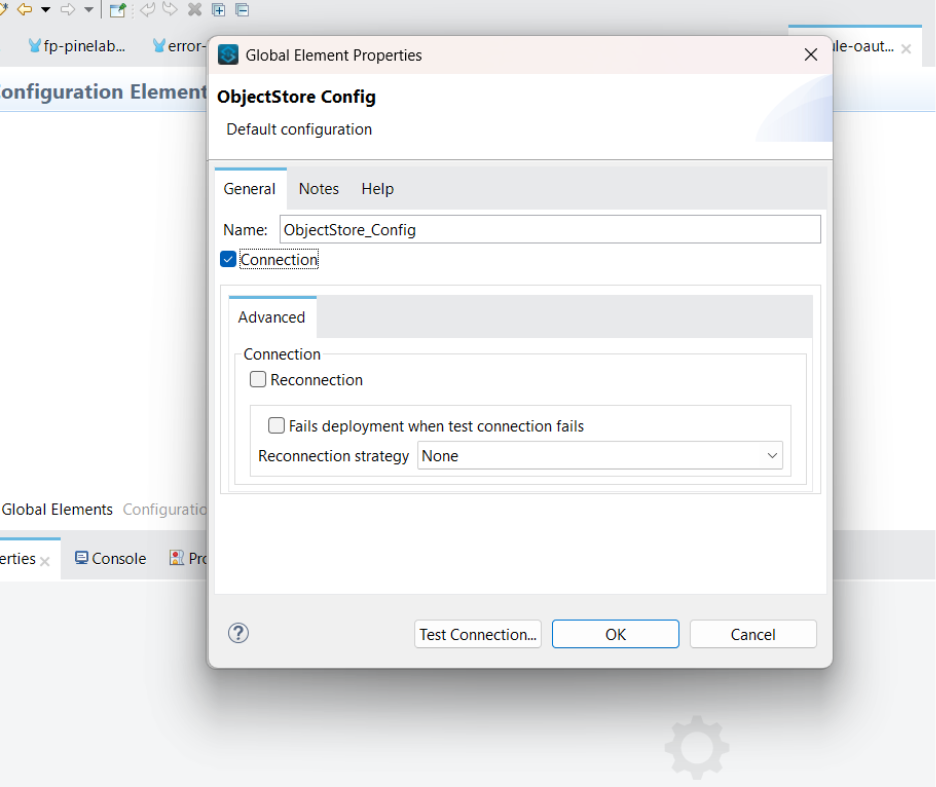 Click on the plus button to open the ObjectStore Config window. Then, select the Connection checkbox and click OK. 