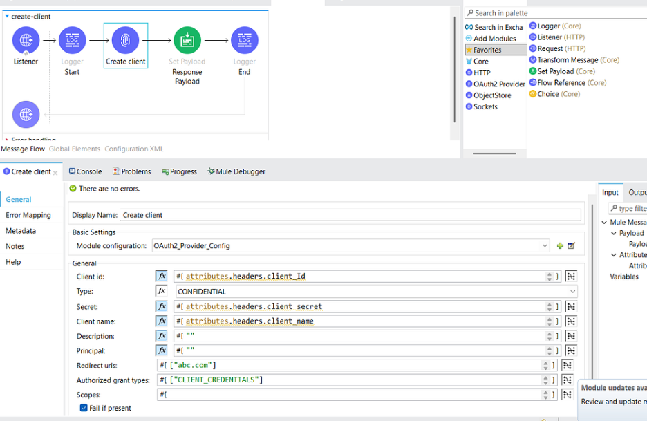 Add a create client Connector from the Mule palette