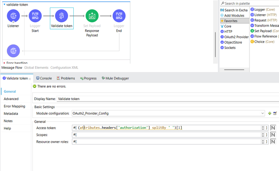 Add a Validate token Connector from the Mule palette and add the following information